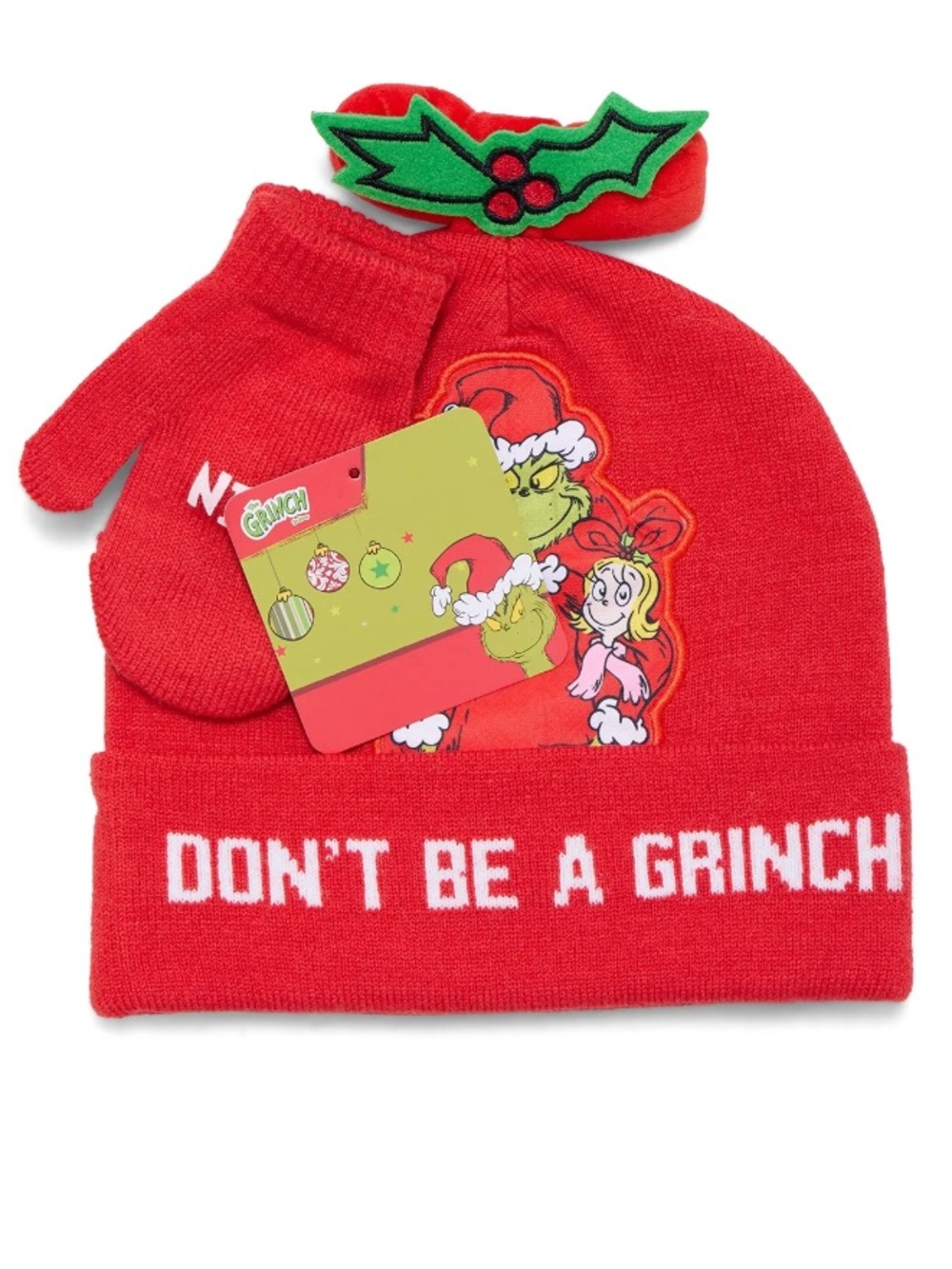 Bioworld Red Grinch Knit Beanie & Mittens Set with Holly Headband